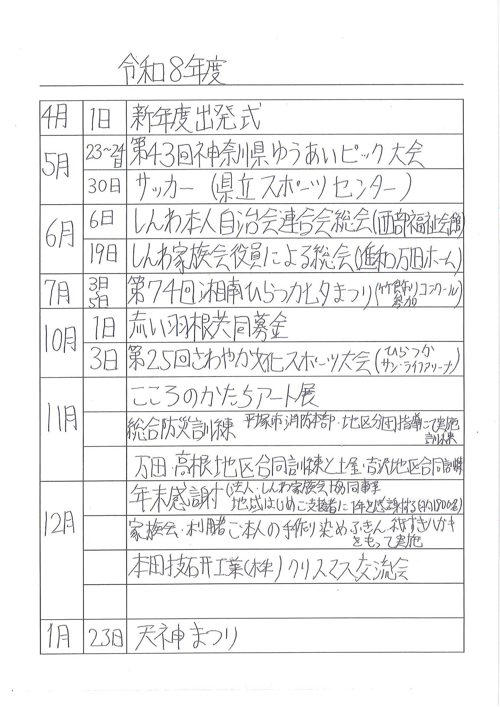 令和7年度　活動計画								 								 								 4月	2日(月)	新年度出発式						 								 								 	8日(日)	県障害者スポーツ大会　ボウリング大会						 								 								 	15日(日)	県障害者スポーツ大会　フライングディスク大会						 								 								 	28日（土）～29日（日）	第45回　平塚市緑化まつり						 								 								 	29日(日)	県障害者スポーツ大会　陸上競技大会						 								 								 5月	12日（土）	湘南ロックンロールウェブライブ						 								 								 	13日（日）	湘南国際村めぐりの森植樹祭						 								 								 	19日（土）	しんわ家族会総会						 								 								 	19日（土）～27日（日）	ゆうあいピックサッカー大会						 								 								 	27日（日）	ＹＥＳ　愛　ＤＯ！						 								 								 6月	2日(土)	平成29年度本人自治会連合会決算総会						 								 								 	10日(日)	県障害者スポーツ大会　卓球競技大会						 								 								 	15日(金）～17日(日)	進和学園感謝デー・あじさいまつり						 								 								 	17日(日)	河内川あじさいまつり						 								 								 	28日(木)	シネマスタッフ来訪						 								 								 7月	6日（金）～8日(日)	第68回湘南ひらつか七夕まつり						 								 								 	9日（月）	リトアニア中高生交流会						 								 								 	14日（土）	都市対抗野球応援						 								 								 8月	5日（日）	本田技研工業株式会社真夏の祭典						 								 								 	31日（金）	とびっきりレインボーズ　いずみ保育園コンサート						 								 								 9月	1日（土）	木村植物園ガーデニング祭り						 								 								 	17日（月）	ばらの丘文化祭						 								 								 	22日（土）	みんなあつまれ　ＩＮ　ベルマーレ						 								 								 	29日（土）	第20回さわやか文化スポーツ大会						 								 								 	30日（日）	勝原小市民レクレーション大会						 								 								 10月	1日（月）	赤い羽根共同募金　街頭募金						 								 								 	18日（木）～21日（日）	平塚市社会福祉協議会　社会福祉展						 								 								 	25日（木）	あおぞらパーティ　意見発表会						 								 								 	28日(日)	第45回　湘南ひらつか市民市						 								 								 11月	3日（土）～9日（金）	こころのかたちアート展						 								 								 	15日（木）	赤い羽根共同募金お届け						 								 								 	22日（木）	万田地区総合防災訓練						 								 								 	28日（水）	平成31年度採用職員内定式						 								 								 	29日（木）	土沢地区総合防災訓練						 								 								 12月	3日(月）～4日（火）	はーとふるマルシェ						 								 								 	13日（木）	ホンダ様　クリスマス祝会						 								 								 	21日（金）	ホンダロジスティクス様クリスマス会						 								 								 1月	1日（火）	消防出初式						 								 								 	13日（日）	ホンダ新春駅伝						 								 								 	25日（金）～26日（土）	天神まつり						 								 								 2月	2日(土）	人権フォーラムかながわ21						 								 								 	7日(木）	カオリ小麦の麦踏み						 								 								 	23日（土）～24日（日）	旭南公民館まつり						 								 								 	23日（土）～24日（日）	土屋公民館まつり						 								 								 3月	2日（土）～3日（日）	吉沢公民館まつり						 								 								 	10日（日）	ひらつな祭						 								 								 	29日（金）	年末募金贈呈式						 								平成30年度　事業報告								 								 								 4月	2日(月)	新年度出発式						 								 								 	8日(日)	県障害者スポーツ大会　ボウリング大会						 								 								 	15日(日)	県障害者スポーツ大会　フライングディスク大会						 								 								 	28日（土）～29日（日）	第45回　平塚市緑化まつり						 								 								 	29日(日)	県障害者スポーツ大会　陸上競技大会						 								 								 5月	12日（土）	湘南ロックンロールウェブライブ						 								 								 	13日（日）	湘南国際村めぐりの森植樹祭						 								 								 	19日（土）	しんわ家族会総会						 								 								 	19日（土）～27日（日）	ゆうあいピックサッカー大会						 								 								 	27日（日）	ＹＥＳ　愛　ＤＯ！						 								 								 6月	2日(土)	平成29年度本人自治会連合会決算総会						 								 								 	10日(日)	県障害者スポーツ大会　卓球競技大会						 								 								 	15日(金）～17日(日)	進和学園感謝デー・あじさいまつり						 								 								 	17日(日)	河内川あじさいまつり						 								 								 	28日(木)	シネマスタッフ来訪						 								 								 7月	6日（金）～8日(日)	第68回湘南ひらつか七夕まつり						 								 								 	9日（月）	リトアニア中高生交流会						 								 								 	14日（土）	都市対抗野球応援						 								 								 8月	5日（日）	本田技研工業株式会社真夏の祭典						 								 								 	31日（金）	とびっきりレインボーズ　いずみ保育園コンサート						 								 								 9月	1日（土）	木村植物園ガーデニング祭り						 								 								 	17日（月）	ばらの丘文化祭						 								 								 	22日（土）	みんなあつまれ　ＩＮ　ベルマーレ						 								 								 	29日（土）	第20回さわやか文化スポーツ大会						 								 								 	30日（日）	勝原小市民レクレーション大会						 								 								 10月	1日（月）	赤い羽根共同募金　街頭募金						 								 								 	18日（木）～21日（日）	平塚市社会福祉協議会　社会福祉展						 								 								 	25日（木）	あおぞらパーティ　意見発表会						 								 								 	28日(日)	第45回　湘南ひらつか市民市						 								 								 11月	3日（土）～9日（金）	こころのかたちアート展						 								 								 	15日（木）	赤い羽根共同募金お届け						 								 								 	22日（木）	万田地区総合防災訓練						 								 								 	28日（水）	平成31年度採用職員内定式						 								 								 	29日（木）	土沢地区総合防災訓練						 								 								 12月	3日(月）～4日（火）	はーとふるマルシェ						 								 								 	13日（木）	ホンダ様　クリスマス祝会						 								 								 	21日（金）	ホンダロジスティクス様クリスマス会						 								 								 1月	1日（火）	消防出初式						 								 								 	13日（日）	ホンダ新春駅伝						 								 								 	25日（金）～26日（土）	天神まつり						 								 								 2月	2日(土）	人権フォーラムかながわ21						 								 								 	7日(木）	カオリ小麦の麦踏み						 								 								 	23日（土）～24日（日）	旭南公民館まつり						 								 								 	23日（土）～24日（日）	土屋公民館まつり						 								 								 3月	2日（土）～3日（日）	吉沢公民館まつり						 								 								 	10日（日）	ひらつな祭						 								 								 	29日（金）	年末募金贈呈式